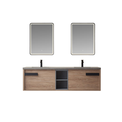 Vinnova, Carcastillo 72" Double Sink Bath Vanity in North American Oak with Grey Sintered Stone Top and Mirror