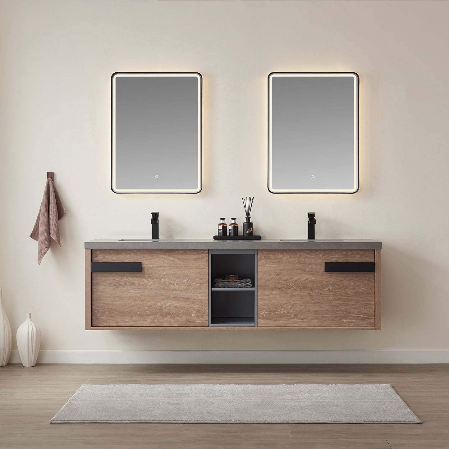 Vinnova, Carcastillo 72" Double Sink Bath Vanity in North American Oak with Grey Sintered Stone Top and Mirror