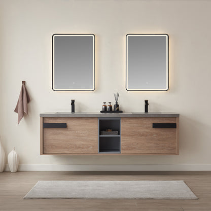 Vinnova, Carcastillo 72" Double Sink Bath Vanity in North American Oak with Grey Sintered Stone Top and Mirror