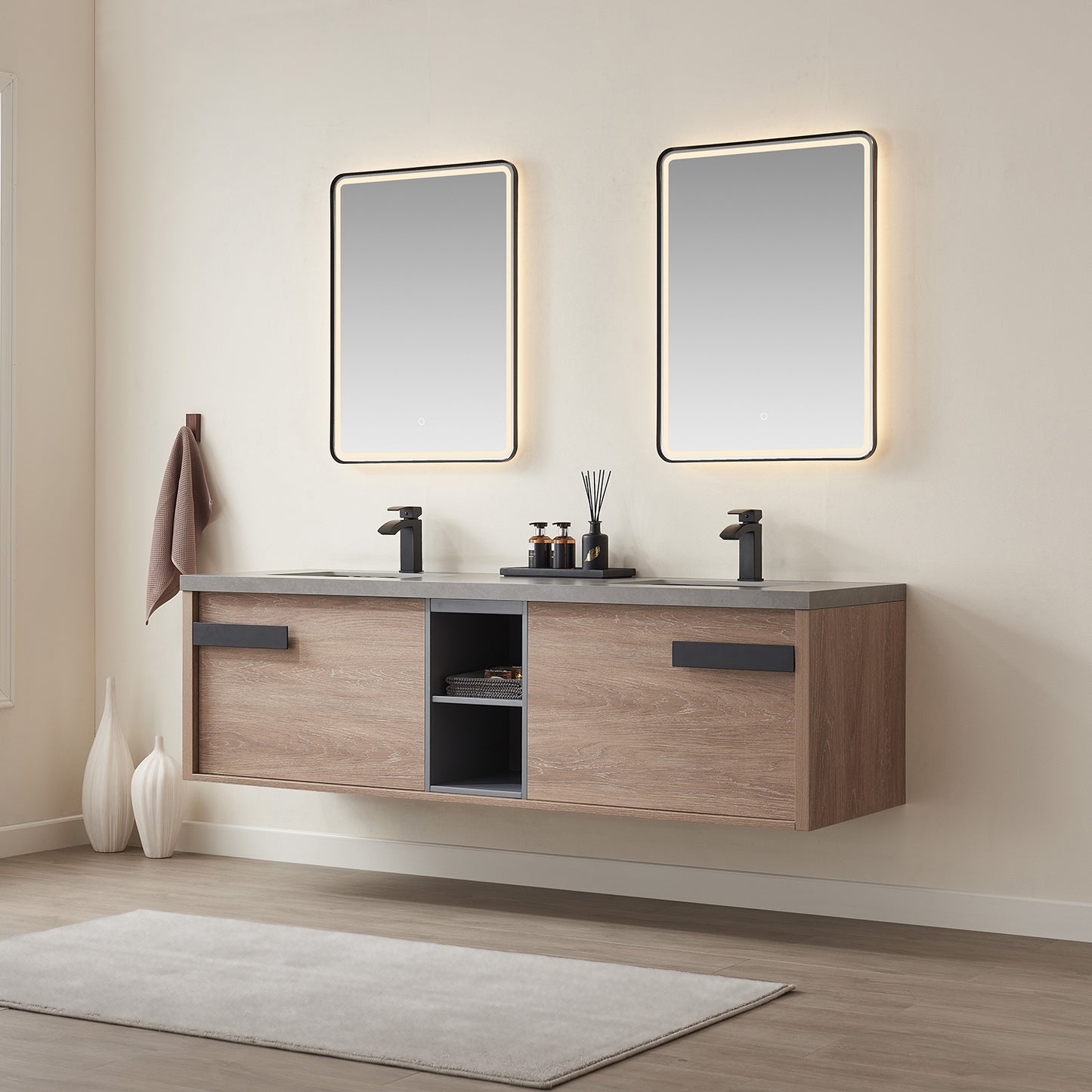 Vinnova, Carcastillo 72" Double Sink Bath Vanity in North American Oak with Grey Sintered Stone Top and Mirror
