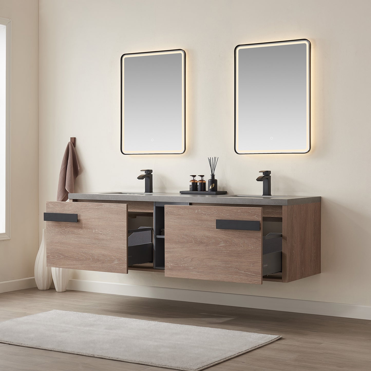Vinnova, Carcastillo 72" Double Sink Bath Vanity in North American Oak with Grey Sintered Stone Top and Mirror
