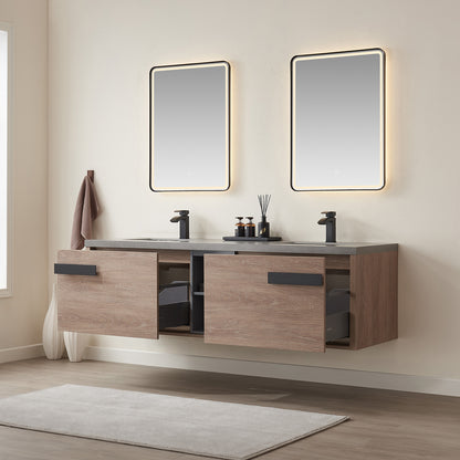 Vinnova, Carcastillo 72" Double Sink Bath Vanity in North American Oak with Grey Sintered Stone Top and Mirror