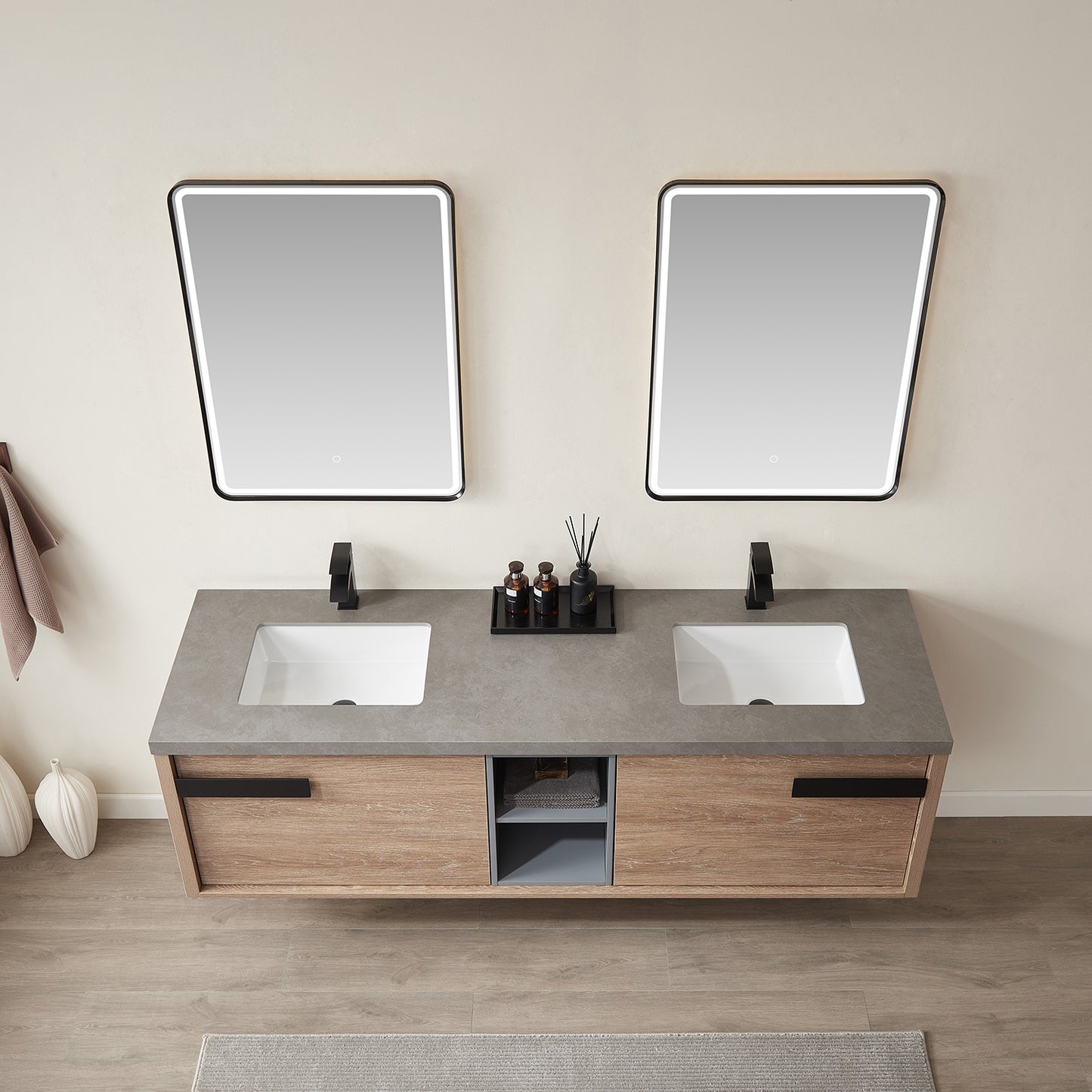 Vinnova, Carcastillo 72" Double Sink Bath Vanity in North American Oak with Grey Sintered Stone Top and Mirror