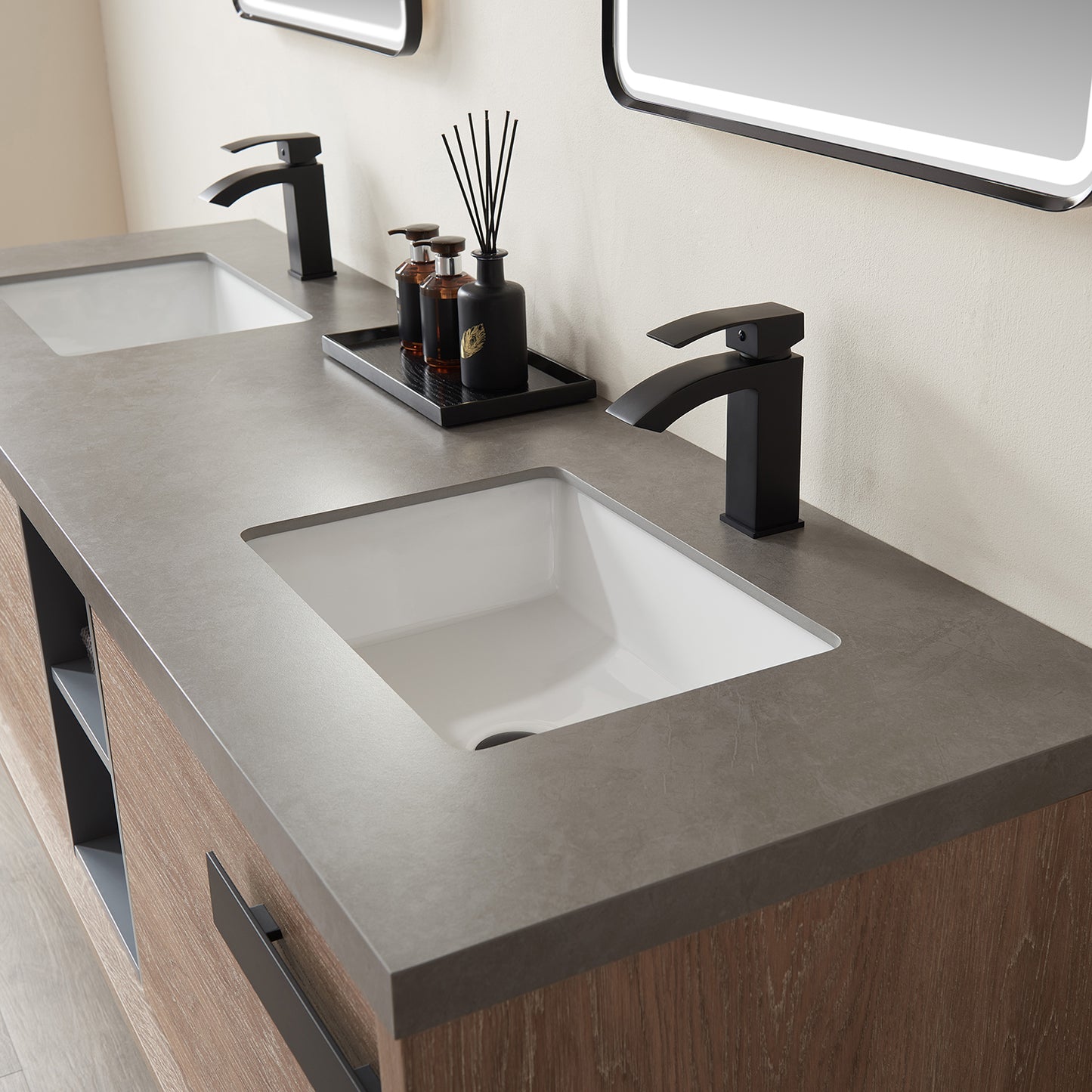 Vinnova, Carcastillo 72" Double Sink Bath Vanity in North American Oak with Grey Sintered Stone Top and Mirror