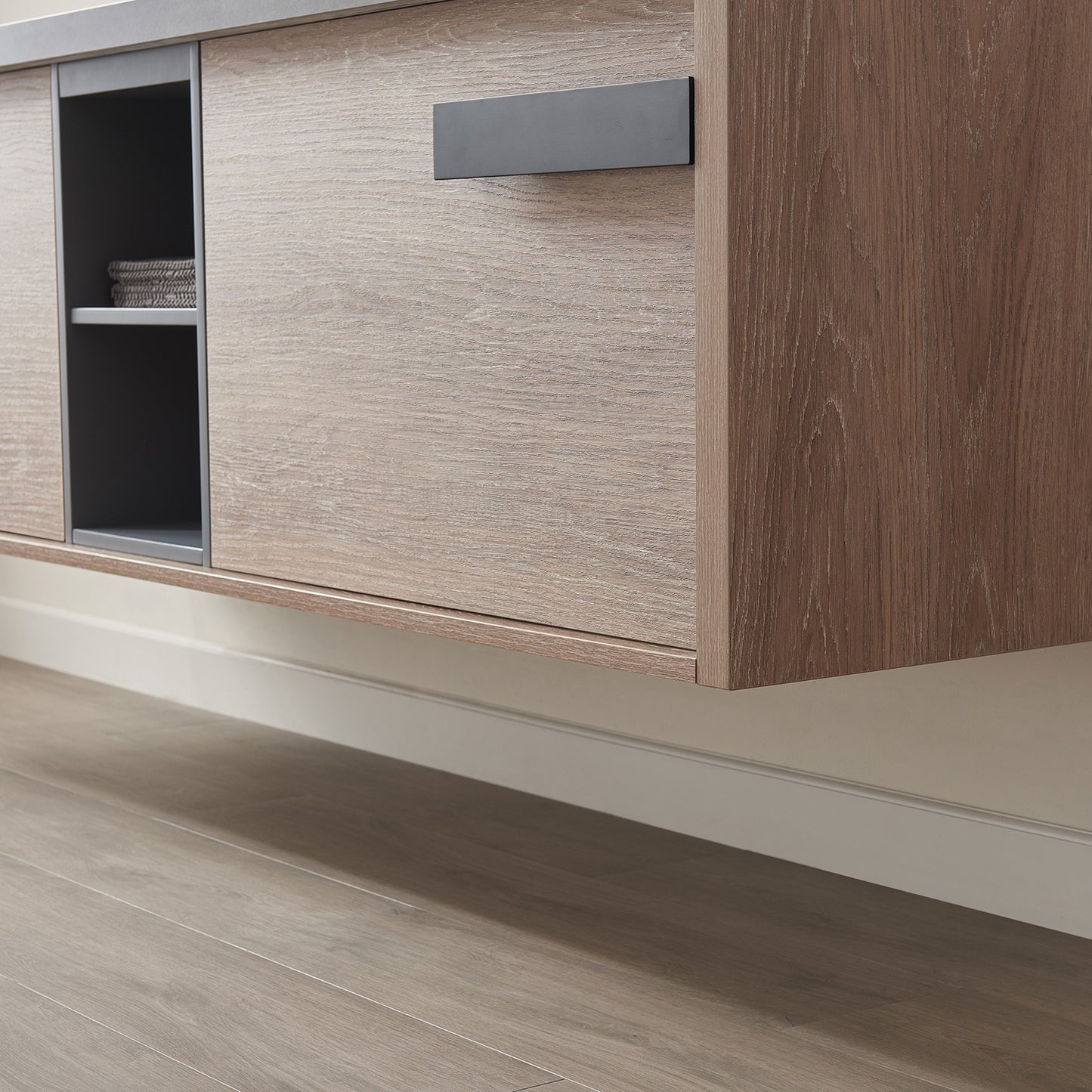 Vinnova, Carcastillo 72" Double Sink Bath Vanity in North American Oak with Grey Sintered Stone Top and Mirror