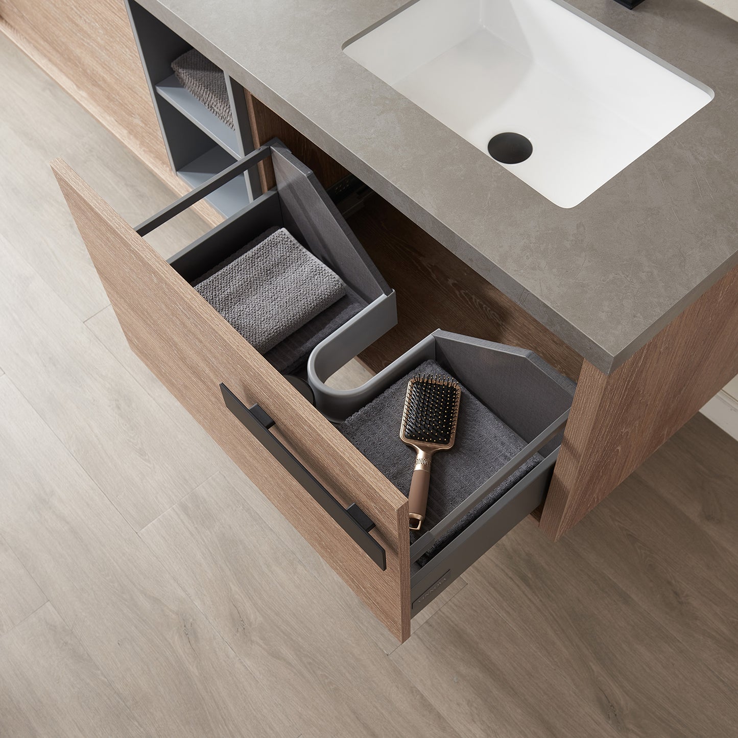 Vinnova, Carcastillo 72" Double Sink Bath Vanity in North American Oak with Grey Sintered Stone Top and Mirror