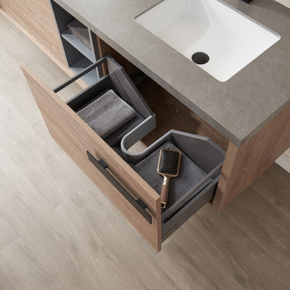 Vinnova, Carcastillo 72" Double Sink Bath Vanity in North American Oak with Grey Sintered Stone Top and Mirror