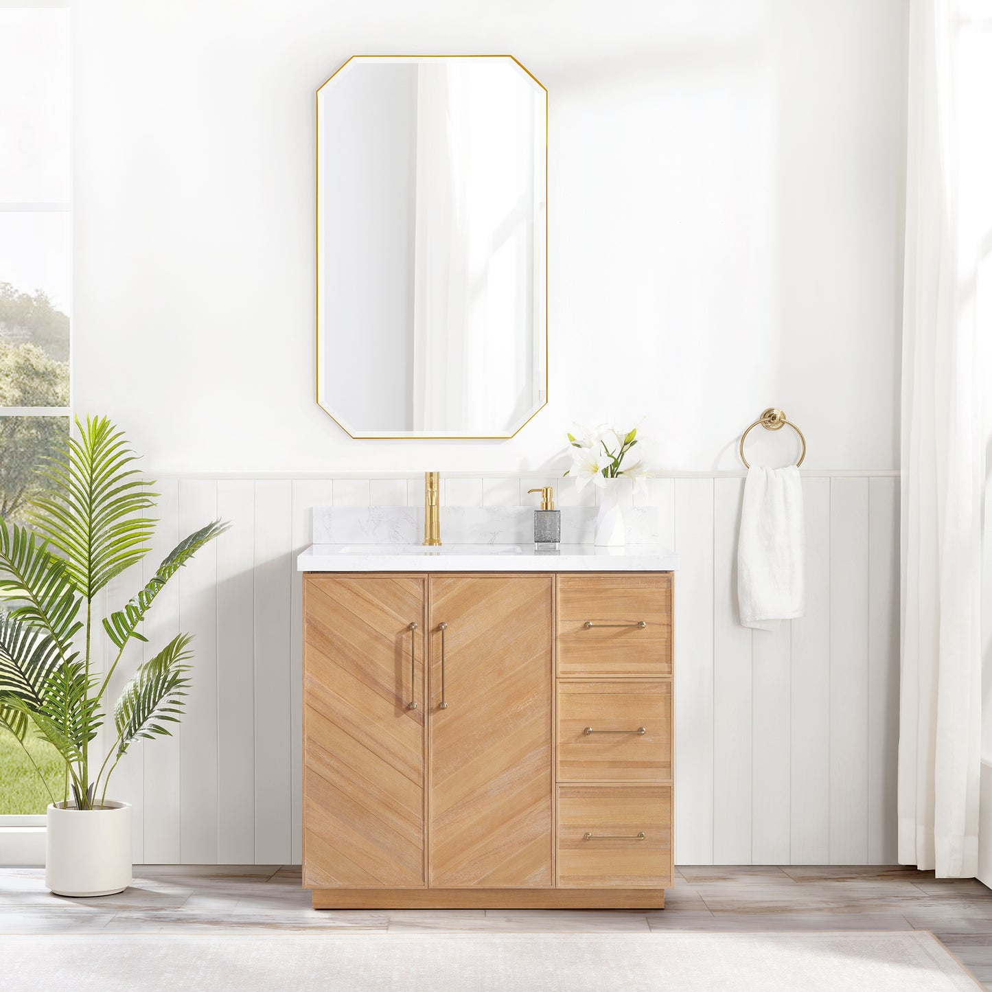 Vinnova, Karachi 36" Single Sink Bath Vanity in Acacia Classic Gray with White Grain Composite Stone Top