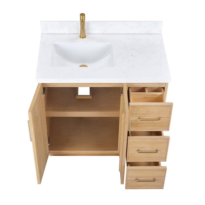 Vinnova, Karachi 36" Single Sink Bath Vanity in Acacia Classic Gray with White Grain Composite Stone Top