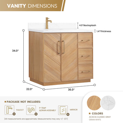 Vinnova, Karachi 36" Single Sink Bath Vanity in Acacia Classic Gray with White Grain Composite Stone Top