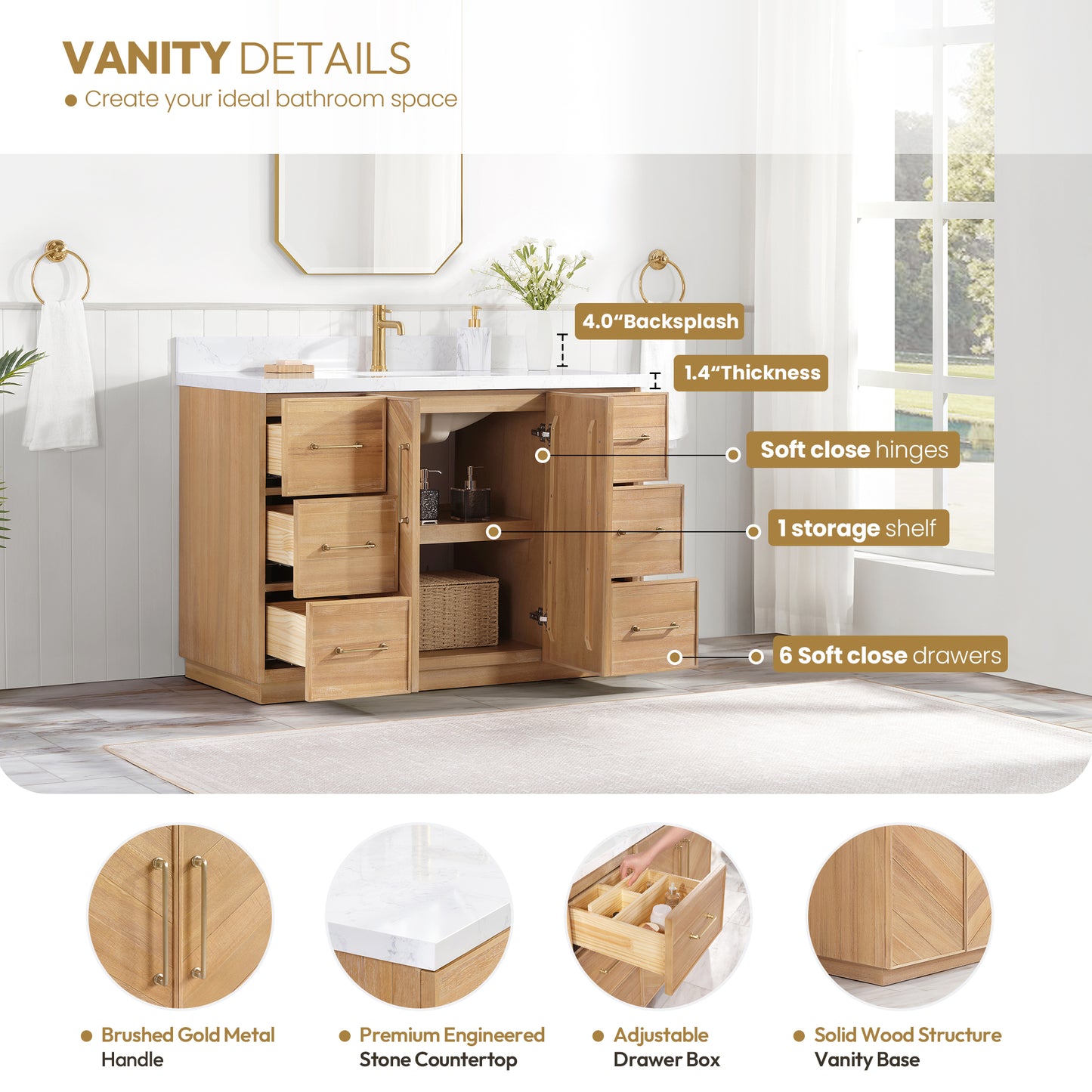 Vinnova, Karachi 48" Single Sink Bath Vanity in Acacia Classic Gray with White Grain Composite Stone Top
