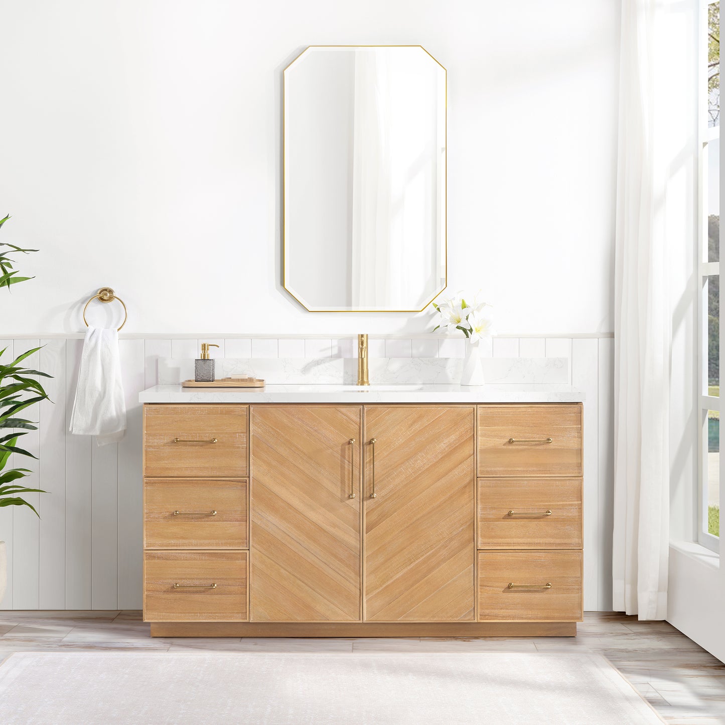 Vinnova, Karachi 60" Single Sink Bath Vanity in Acacia Classic Gray with White Grain Composite Stone Top