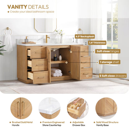 Vinnova, Karachi 60" Single Sink Bath Vanity in Acacia Classic Gray with White Grain Composite Stone Top