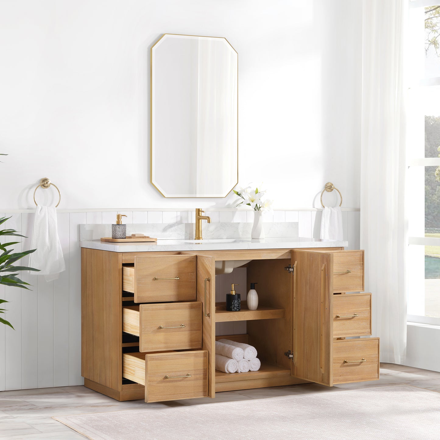 Vinnova, Karachi 60" Single Sink Bath Vanity in Acacia Classic Gray with White Grain Composite Stone Top
