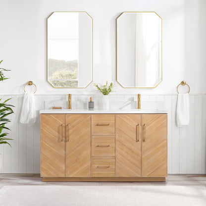 Vinnova, Karachi 60" Double Sink Bath Vanity in Acacia Classic Gray with White Grain Composite Stone Top