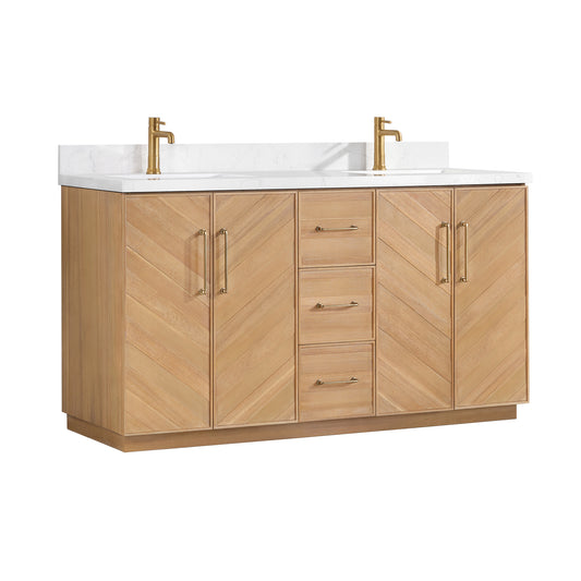 Vinnova, Karachi 60" Double Sink Bath Vanity in Acacia Classic Gray with White Grain Composite Stone Top