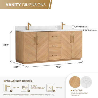 Vinnova, Karachi 72" Double Sink Bath Vanity in Acacia Classic Gray with White Grain Composite Stone Top