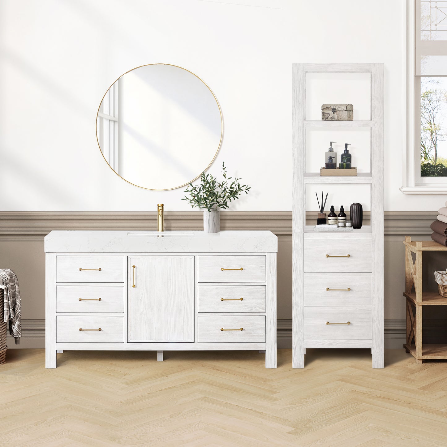 Vinnova, León 22in. Washed White Storage Cabinet for Bathroom, Kitchen and Living Room