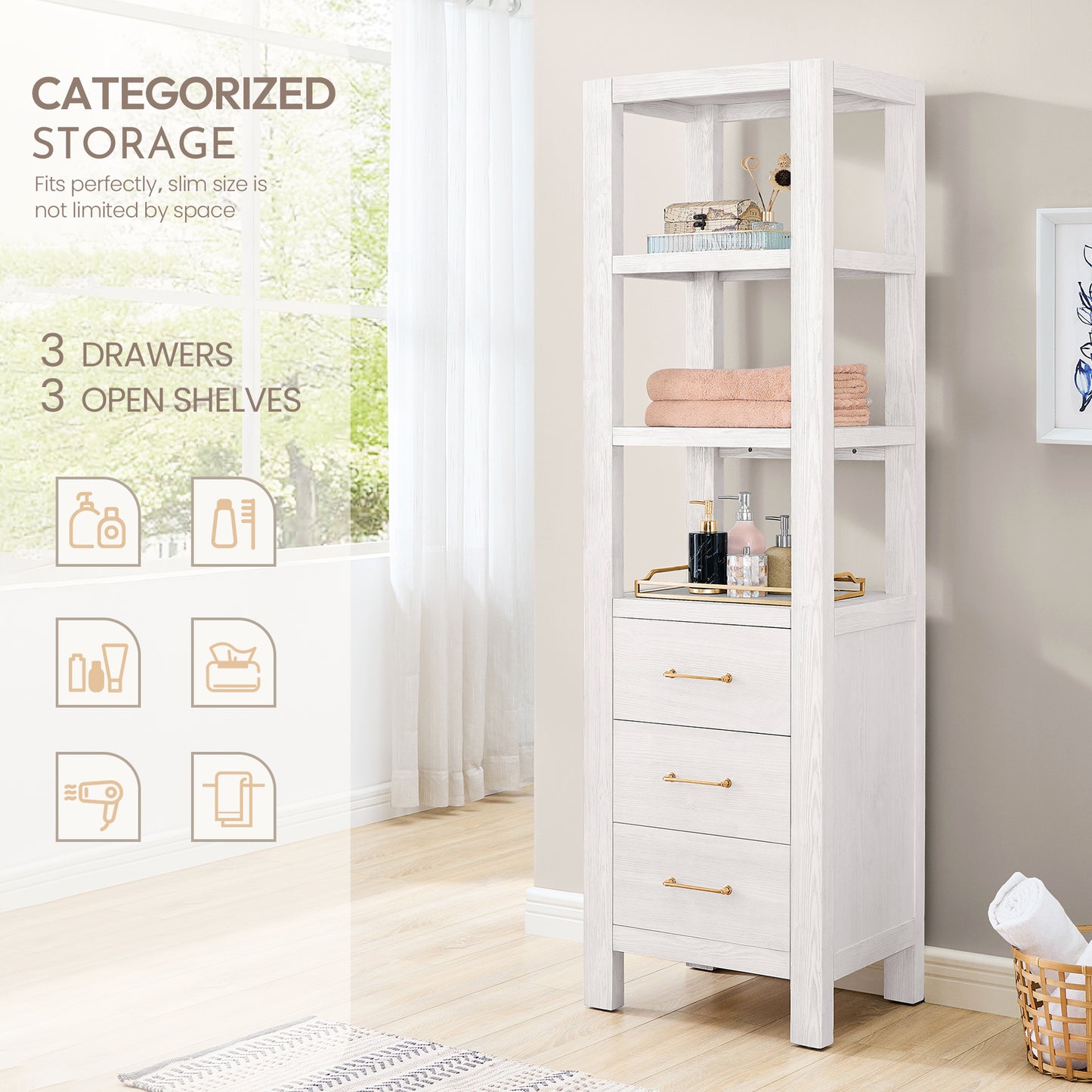 Vinnova, León 22in. Washed White Storage Cabinet for Bathroom, Kitchen and Living Room