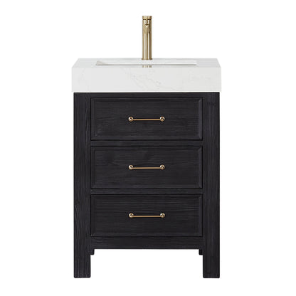 Vinnova, León 24in. Free-standing Single Bathroom Vanity in Fir Wood Black with Composite top in Lightning White