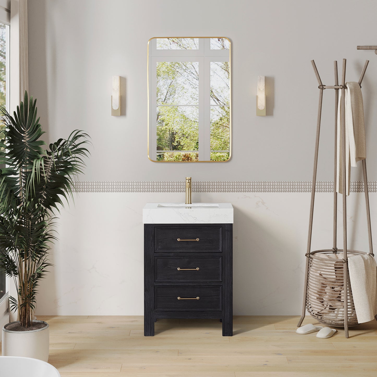 Vinnova, León 24in. Free-standing Single Bathroom Vanity in Fir Wood Black with Composite top in Lightning White and Mirror