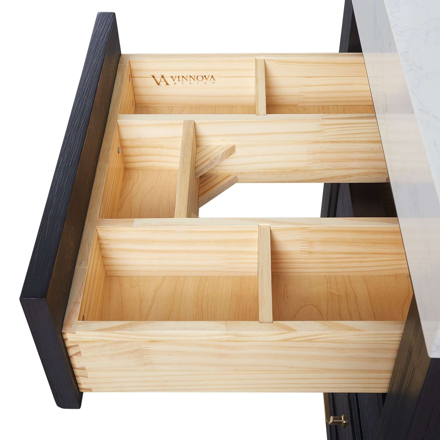 Vinnova León 24-inch free-standing single bathroom vanity in black fir wood with Lightning White composite top and mirror