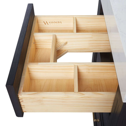 Vinnova León 24-inch free-standing single bathroom vanity in black fir wood with Lightning White composite top and mirror