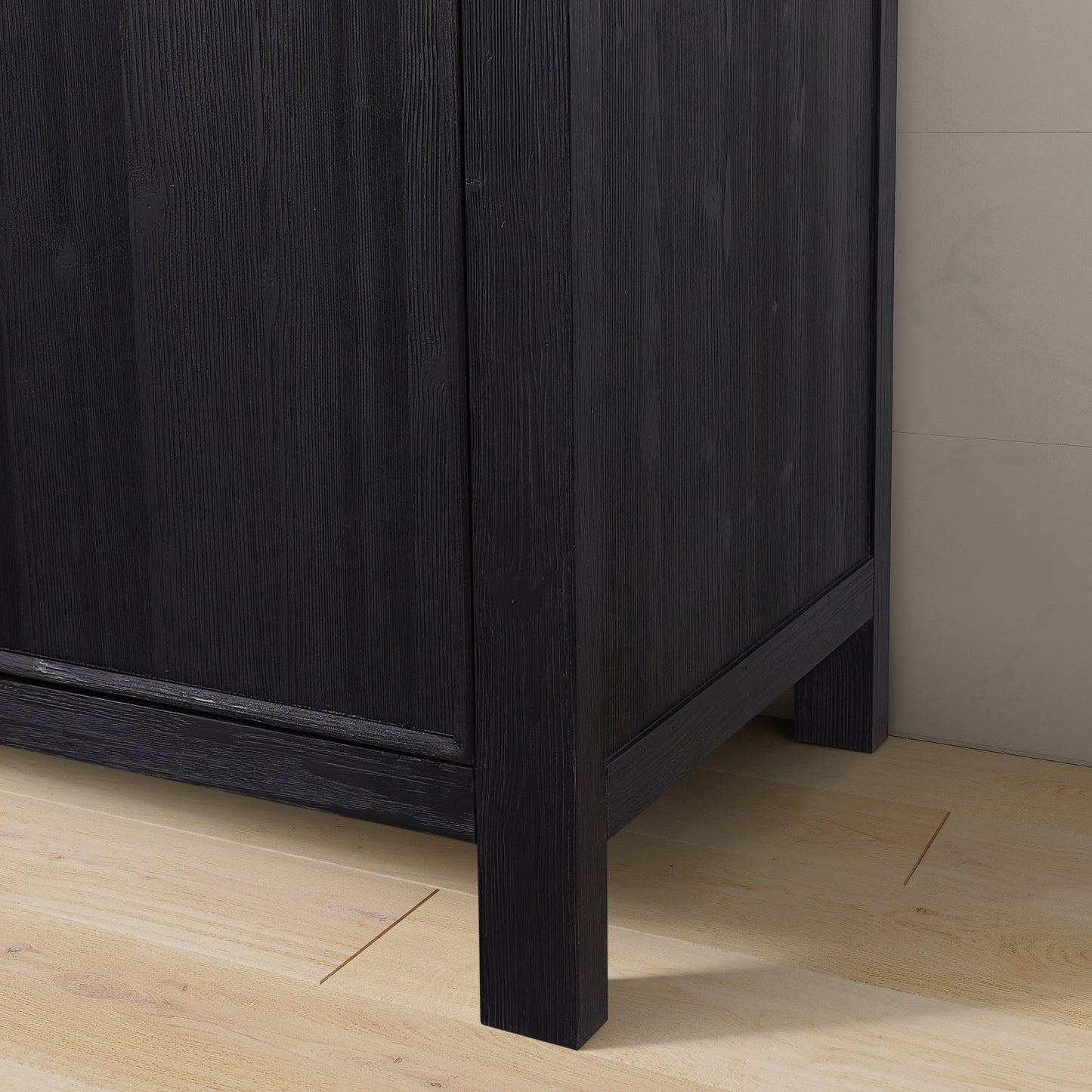 Vinnova, León 24in. Free-standing Single Bathroom Vanity in Fir Wood Black with Composite top in Lightning White and Mirror