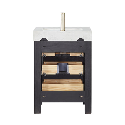 Vinnova, León 24in. Free-standing Single Bathroom Vanity in Fir Wood Black with Composite top in Lightning White and Mirror