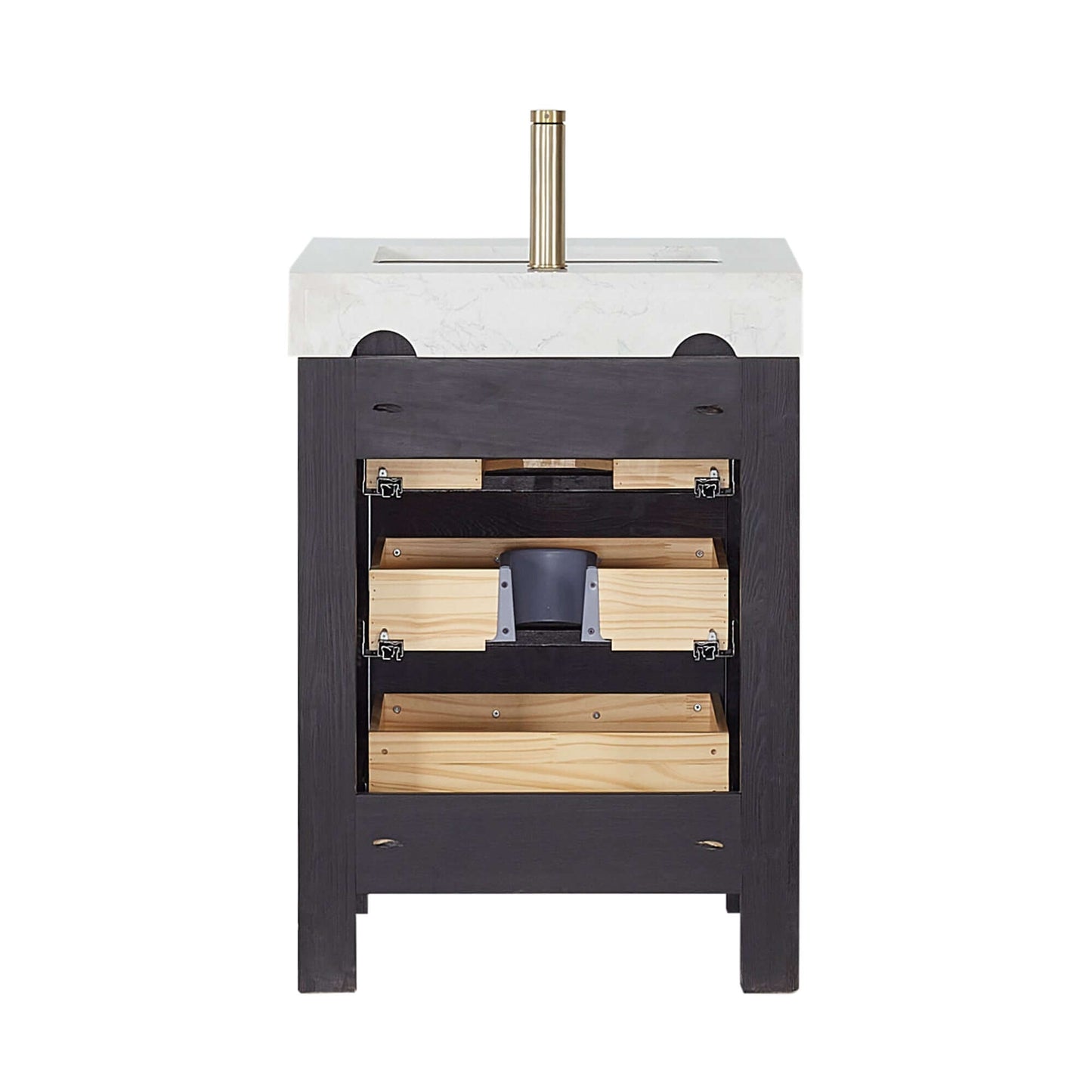 Vinnova León 24-inch free-standing single bathroom vanity in black fir wood with Lightning White composite top and mirror