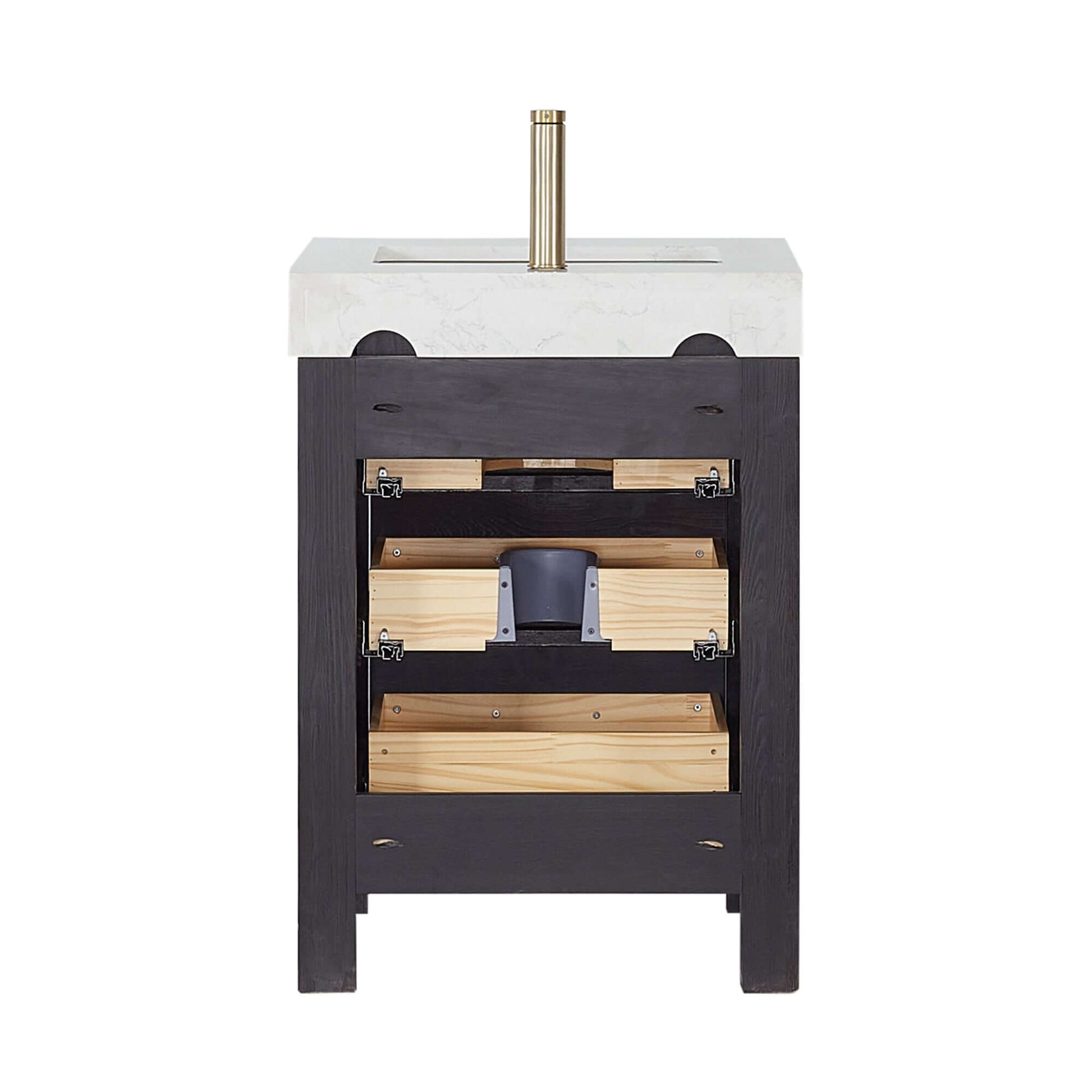 Vinnova León 24-inch free-standing single bathroom vanity in black fir wood with Lightning White composite top and mirror