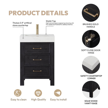 Vinnova, León 24in. Free-standing Single Bathroom Vanity in Fir Wood Black with Composite top in Lightning White and Mirror