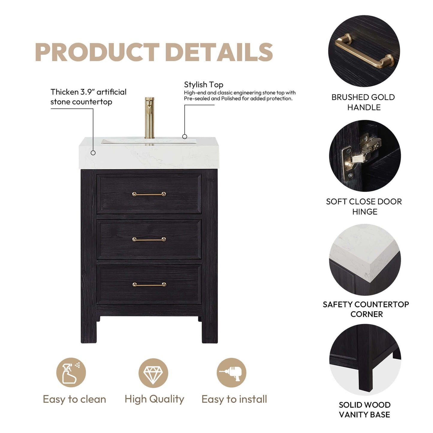 Vinnova León 24-inch free-standing single bathroom vanity in black fir wood with Lightning White composite top and mirror