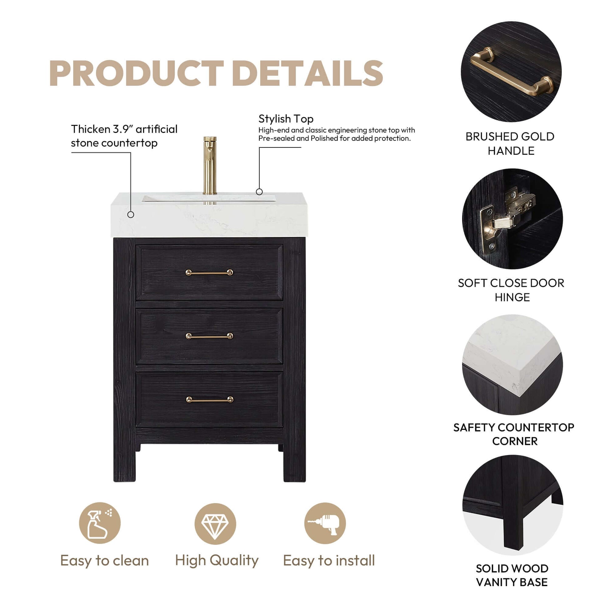 Vinnova León 24-inch free-standing single bathroom vanity in black fir wood with Lightning White composite top and mirror