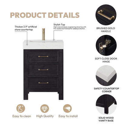 Vinnova León 24-inch free-standing single bathroom vanity in black fir wood with Lightning White composite top and mirror