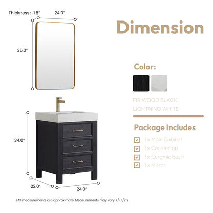 Vinnova, León 24in. Free-standing Single Bathroom Vanity in Fir Wood Black with Composite top in Lightning White and Mirror