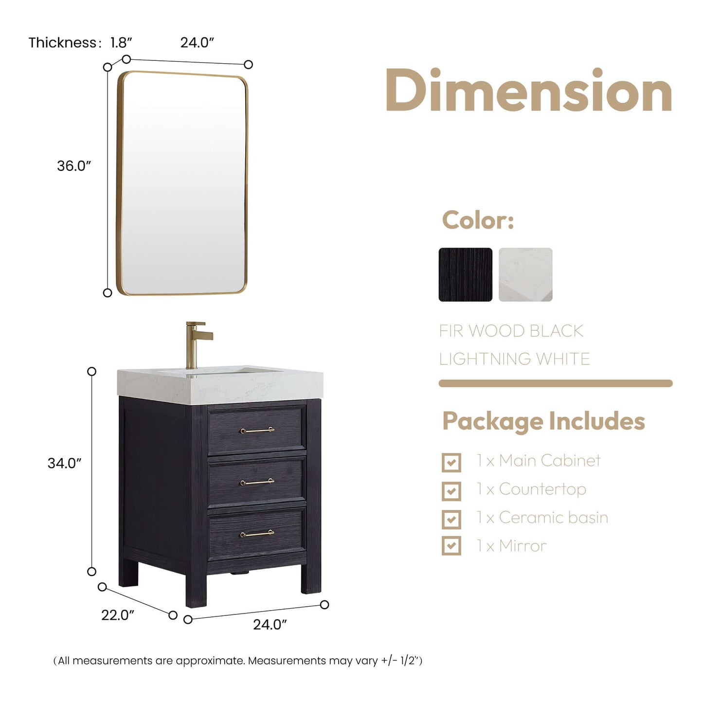 Vinnova León 24-inch free-standing single bathroom vanity in black fir wood with Lightning White composite top and mirror