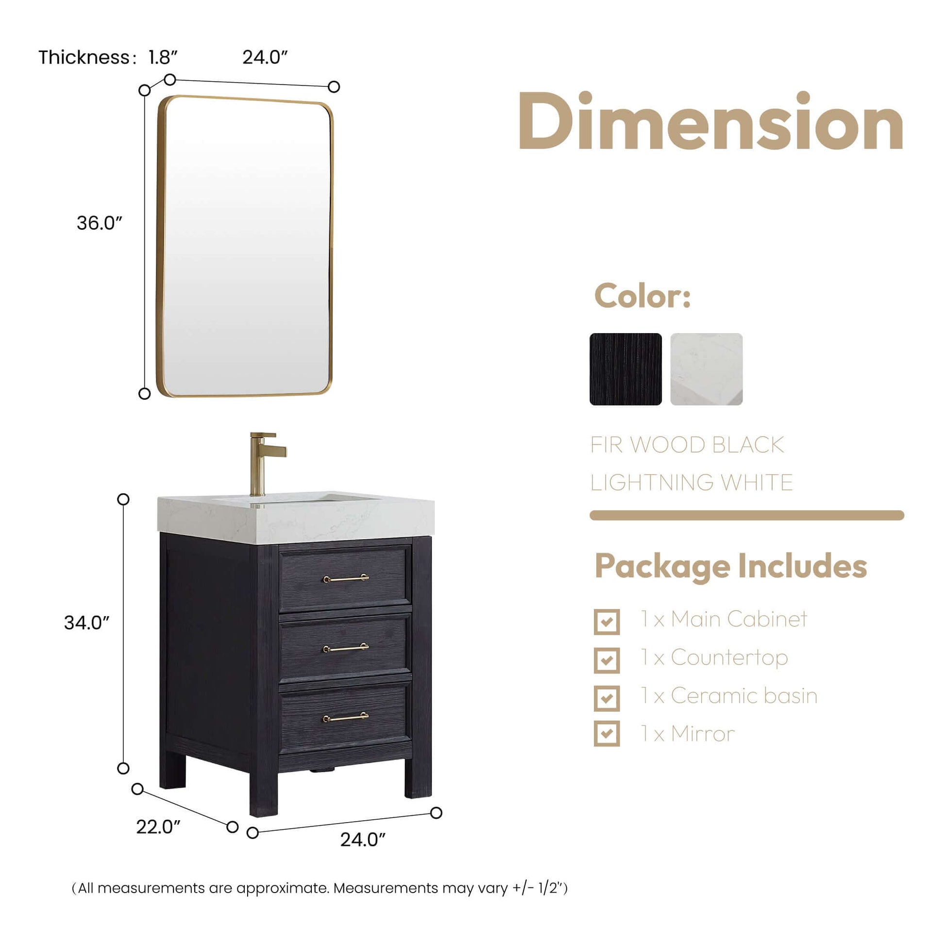 Vinnova León 24-inch free-standing single bathroom vanity in black fir wood with Lightning White composite top and mirror