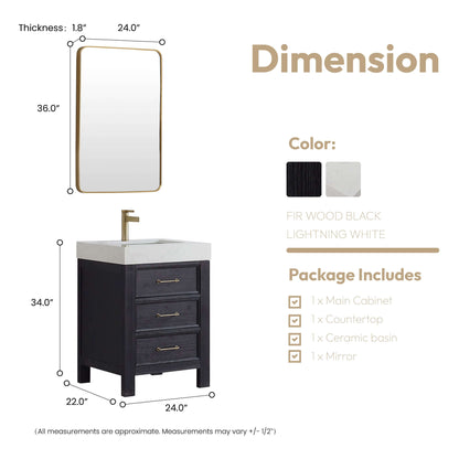 Vinnova León 24-inch free-standing single bathroom vanity in black fir wood with Lightning White composite top and mirror