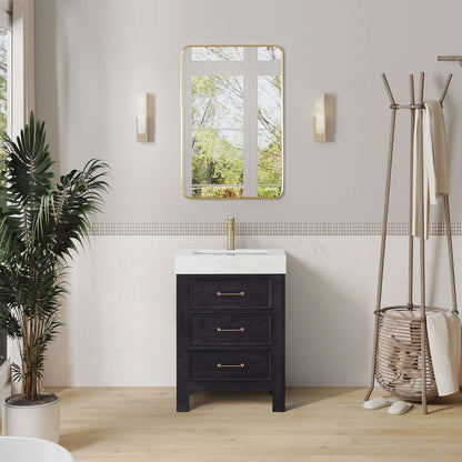 Vinnova León 24-inch free-standing single bathroom vanity in black fir wood with Lightning White composite top and mirror