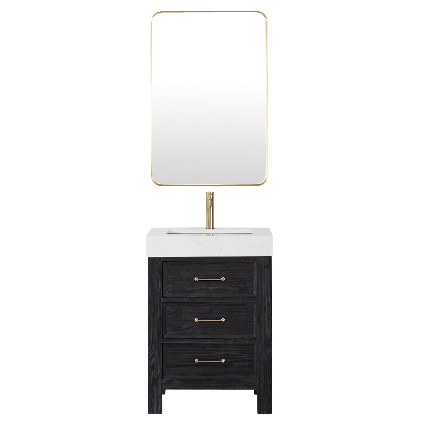 Vinnova, León 24in. Free-standing Single Bathroom Vanity in Fir Wood Black with Composite top in Lightning White and Mirror