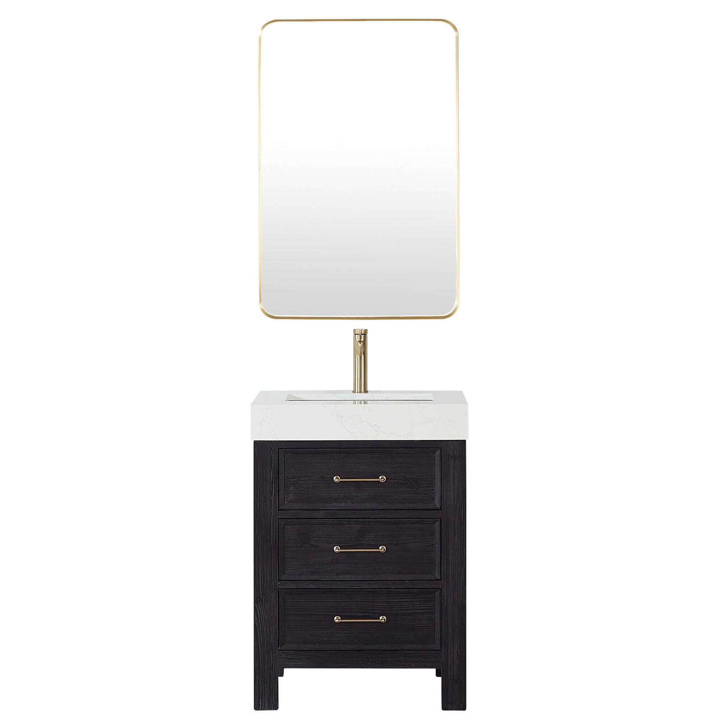 Vinnova León 24-inch free-standing single bathroom vanity in black fir wood with Lightning White composite top and mirror