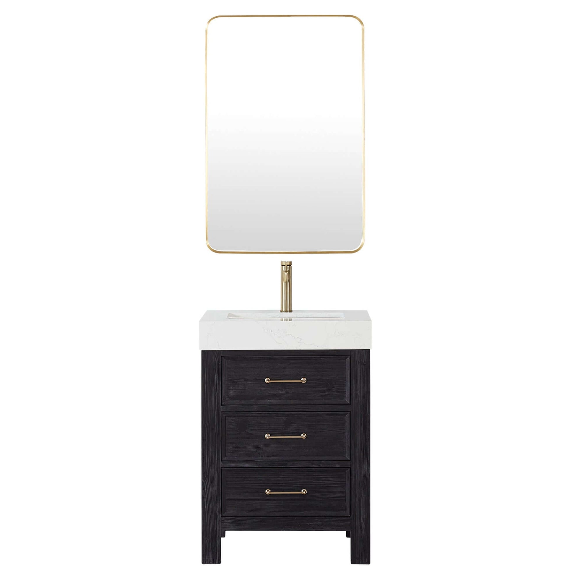 Vinnova León 24-inch free-standing single bathroom vanity in black fir wood with Lightning White composite top and mirror