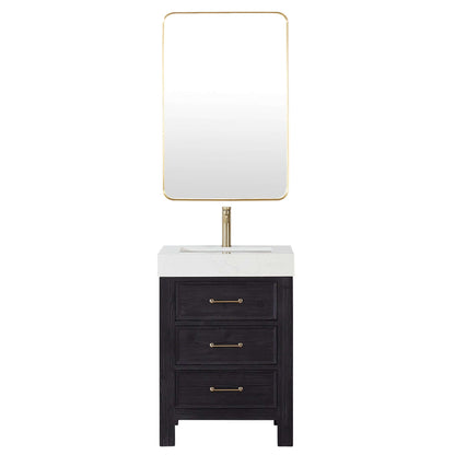 Vinnova León 24-inch free-standing single bathroom vanity in black fir wood with Lightning White composite top and mirror