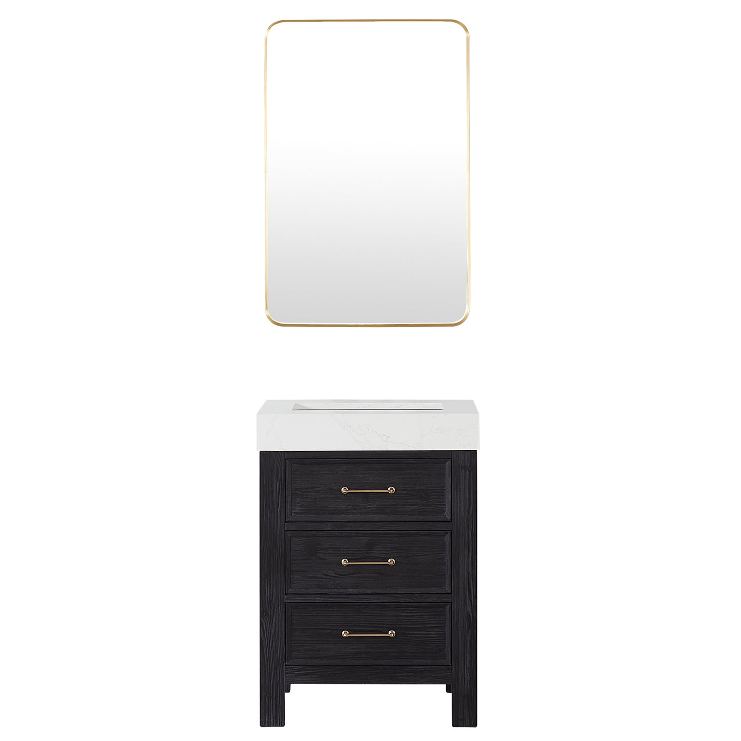 Vinnova, León 24in. Free-standing Single Bathroom Vanity in Fir Wood Black with Composite top in Lightning White and Mirror