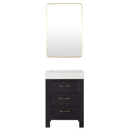 Vinnova, León 24in. Free-standing Single Bathroom Vanity in Fir Wood Black with Composite top in Lightning White and Mirror