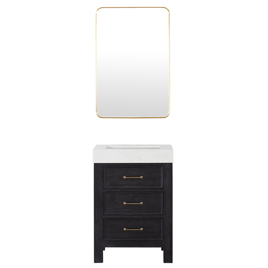 Vinnova, León 24in. Free-standing Single Bathroom Vanity in Fir Wood Black with Composite top in Lightning White and Mirror