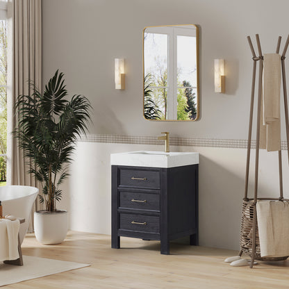 Vinnova, León 24in. Free-standing Single Bathroom Vanity in Fir Wood Black with Composite top in Lightning White and Mirror
