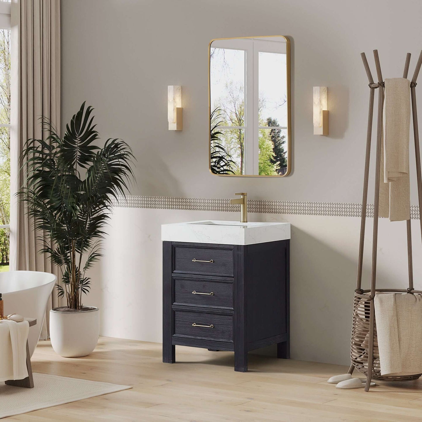 Vinnova León 24-inch free-standing single bathroom vanity in black fir wood with Lightning White composite top and mirror