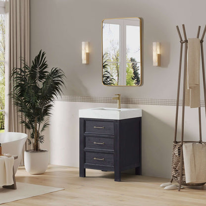 Vinnova León 24-inch free-standing single bathroom vanity in black fir wood with Lightning White composite top and mirror
